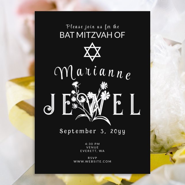 Black and White Bat Mitzvah Invitation (stylish black and white bat mitzvah invitations with unique floral lettering)