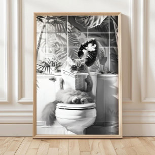 Black and White Bathroom Cat Print, Funny Posters, Poster