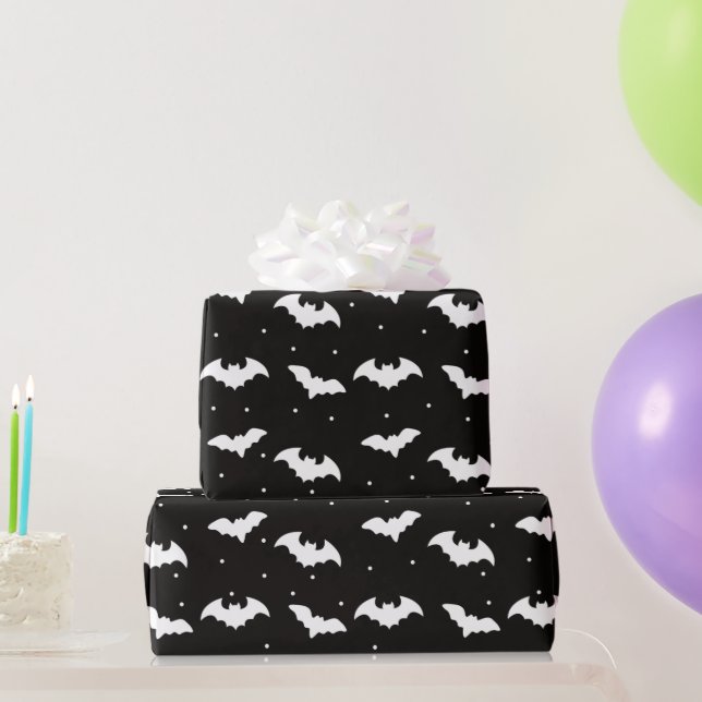 Black and White Bats Black Halloween Wrapping Paper (Party Gifts)