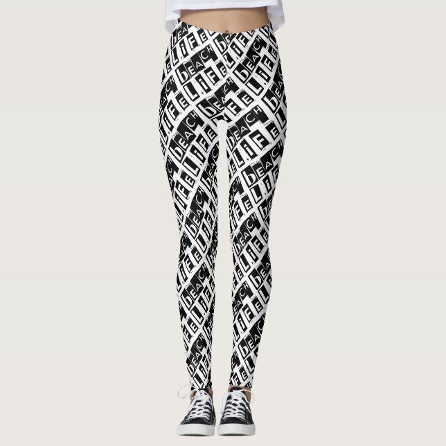 Black and White Beach Life Text Pattern Leggings (Front)