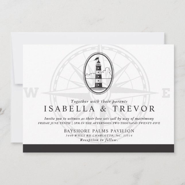 Black and White Beach Lighthouse | Wedding Invitation (Front)
