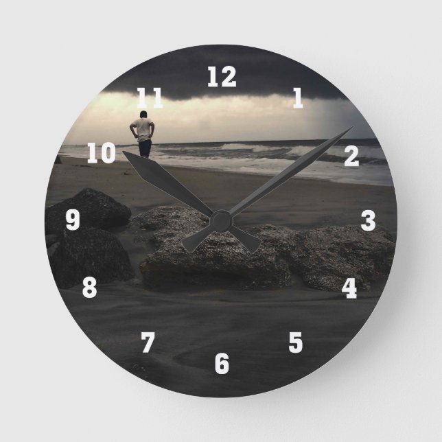 Black and White Beach Photo Round Clock (Front)