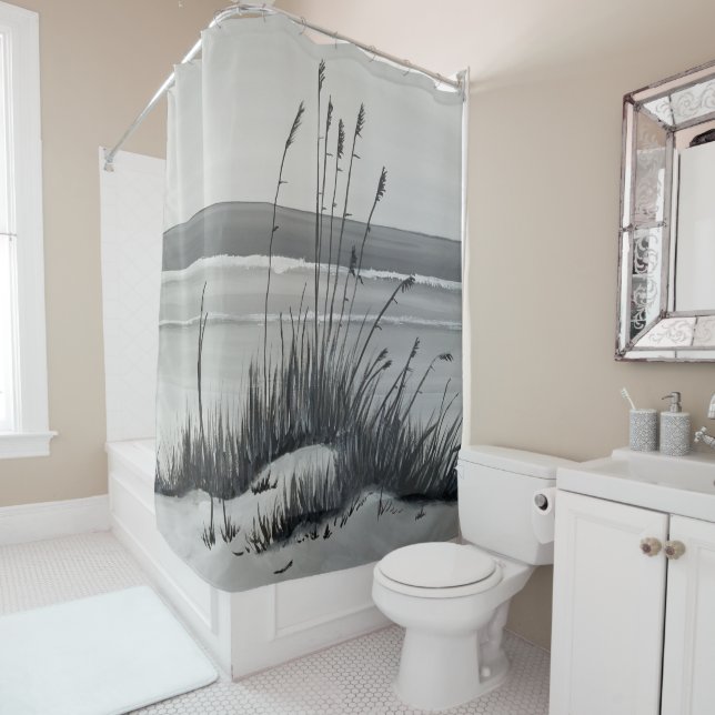 Black and White Beach Scene Shower Curtain (In Situ)