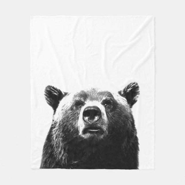 Black and white bear animal portrait fleece blanket (Front)