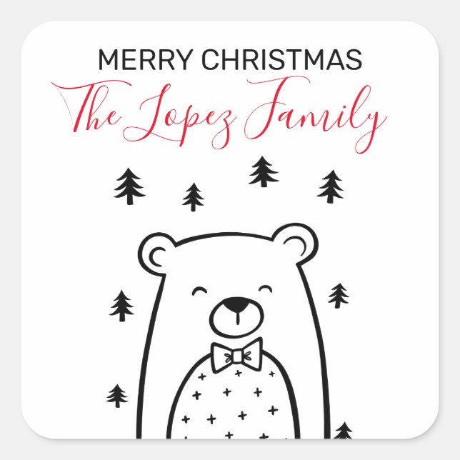 Black and White Bear in Forest, Christmas Square Sticker (Front)