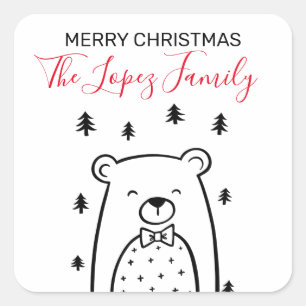 Black and White Bear in Forest, Christmas Square Sticker