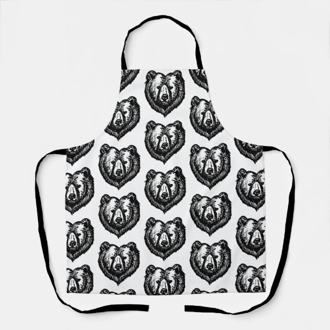 Black and White Bear's Face Ink Drawing Apron (Front)