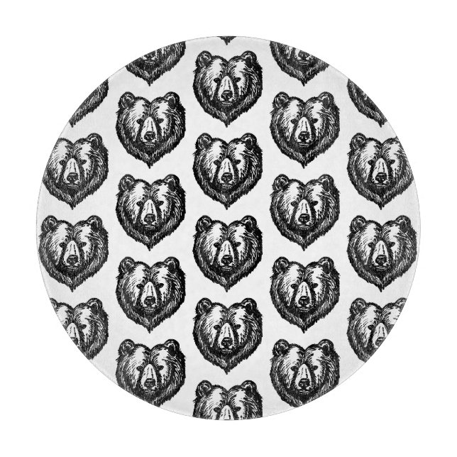 Black and White Bear's Face Ink Drawing Cutting Board (Front)