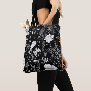 Black and white beautiful retro flowers pattern tote bag