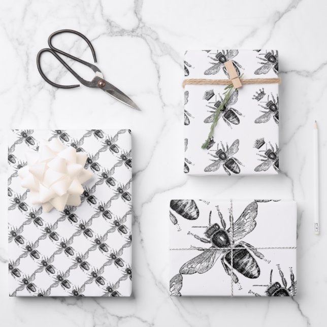 Black and White Bees Wrapping Paper Sheet (Front)