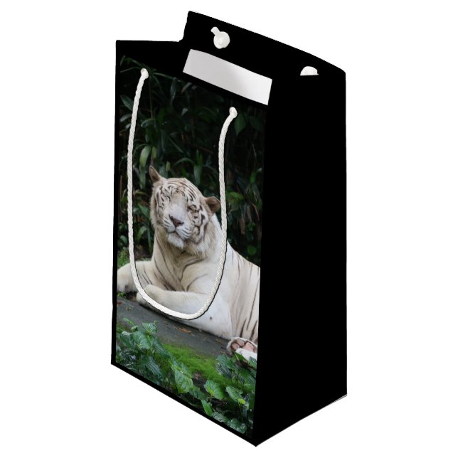 Black and White Bengal Tiger relaxed and smiling Small Gift Bag (Front Angled)