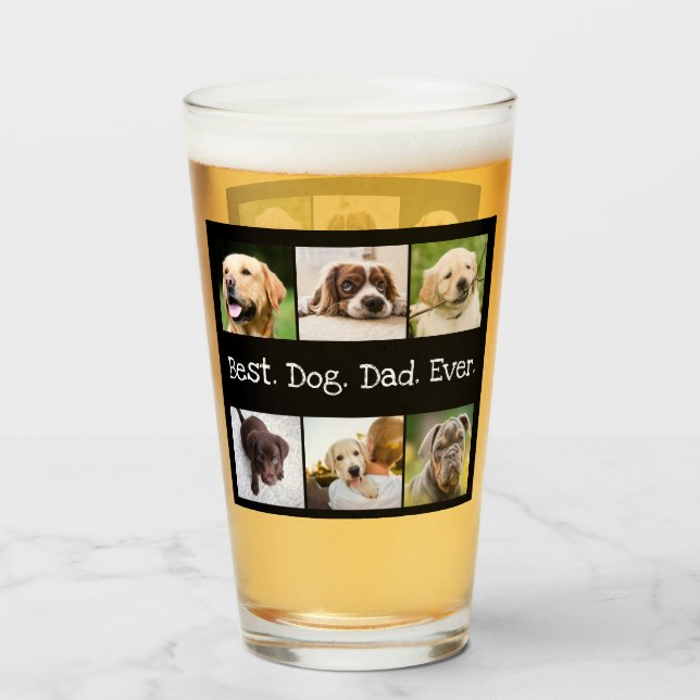 Black and White Best Dog Dad Ever 6 Photo Collage Glass (Front Filled)