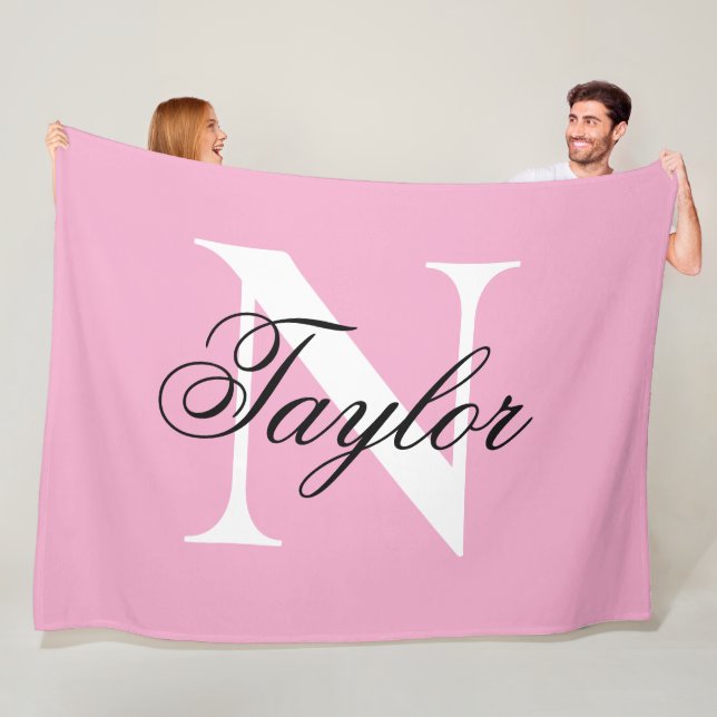Black and White Big Chic Monogram Pink Fleece Blanket (In Situ)