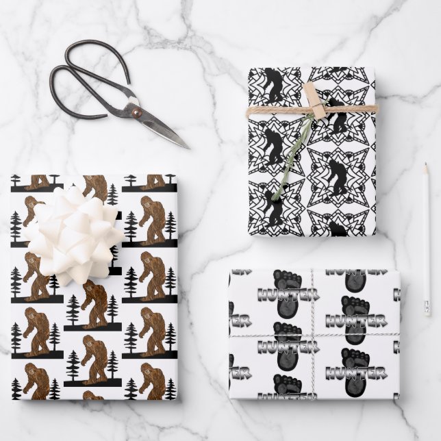 Black and White Bigfoot Sasquatch Birthday Wrapping Paper Sheet (Front)