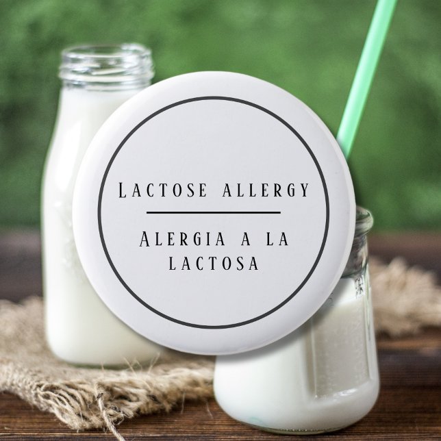 Black and White Bilingual Allergy Alert to Lactose 6 Cm Round Badge (Bilingual Lactose allergy warning button. bilingual & editable text. multilingual project)