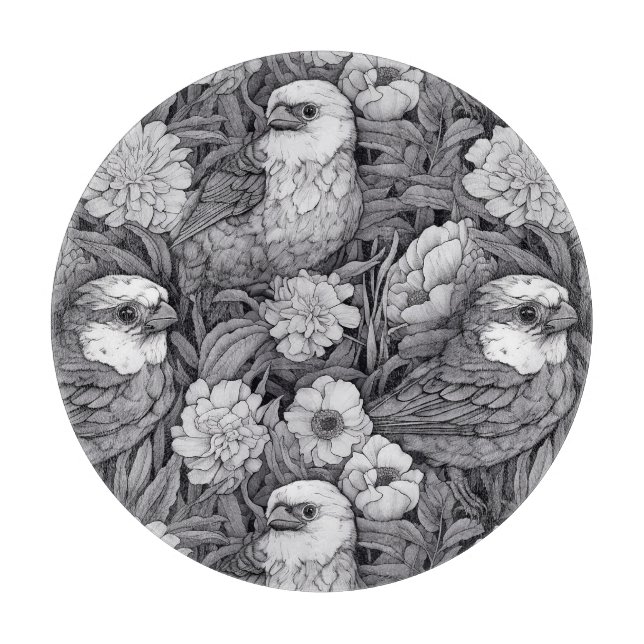 Black and White Bird in Flowers  Cutting Board (Front)