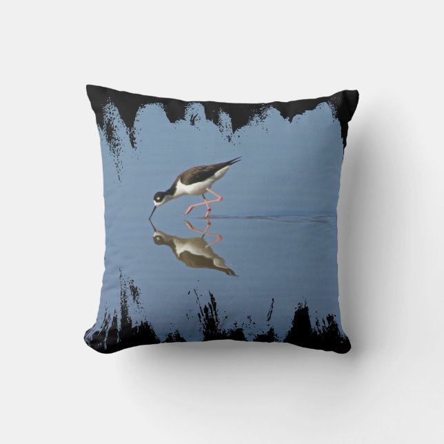 Black and White Bird Photo Blue Water Artistic Cushion (Front)