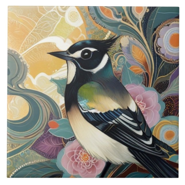 Black and White Bird Stylish Flowers Floral Tile (Front)