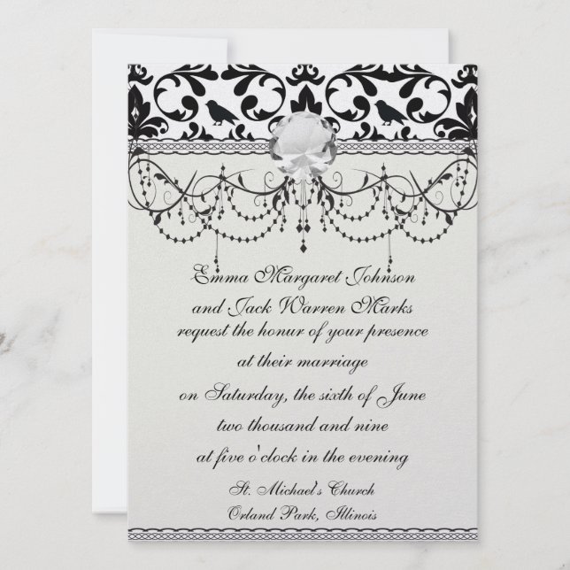 black and white birds intricate damask pattern invitation (Front)