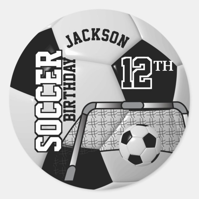 Black and White Birthday Soccer Ball Classic Round Sticker (Front)