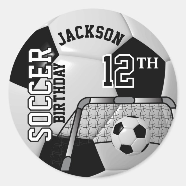 Black and White Birthday Soccer Ball Classic Round Sticker (Front)