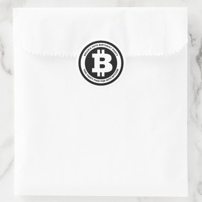 Black and White Bitcoin Symbol Custom Message Classic Round Sticker (Bag)