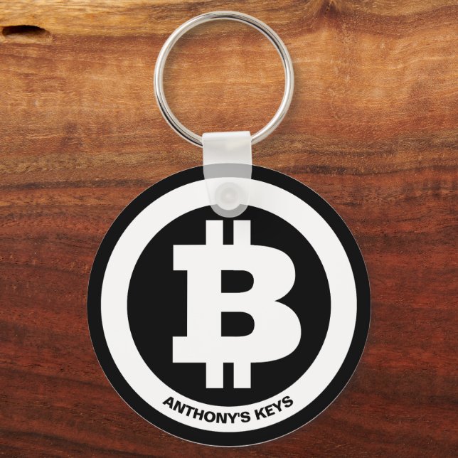 Black and White Bitcoin Symbol Custom Message Key Ring (Front)