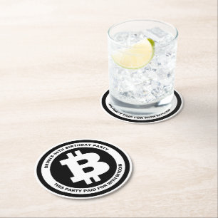 Black and White Bitcoin Symbol Custom Message Round Paper Coaster