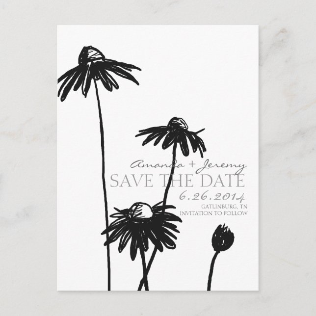 Black and White Black Eyed Susans Save the Date Announcement Postcard (Front)