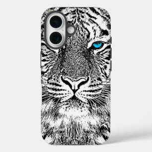 Black And White Blue Eyes Tiger design iPhone 16 Case