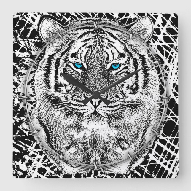Black And White Blue Eyes Tiger design Square Wall Clock (Front)