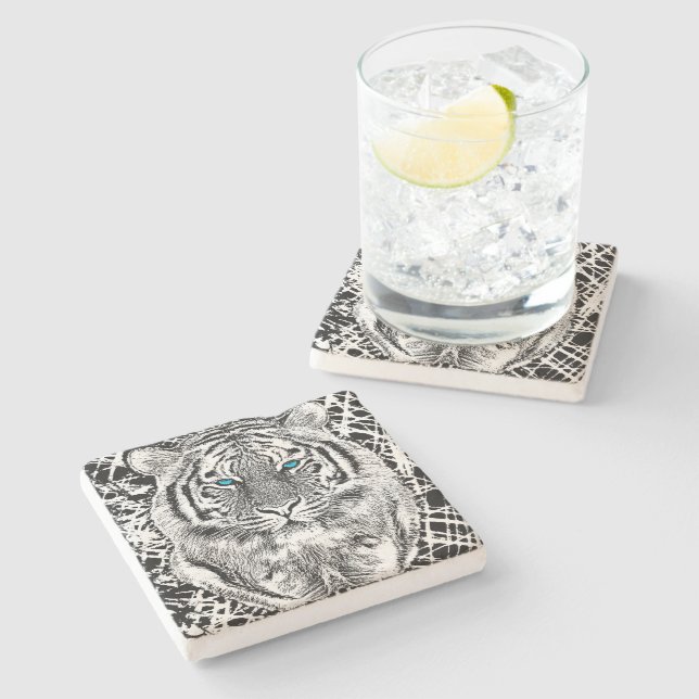 Black And White Blue Eyes Tiger design Stone Coaster (Side)