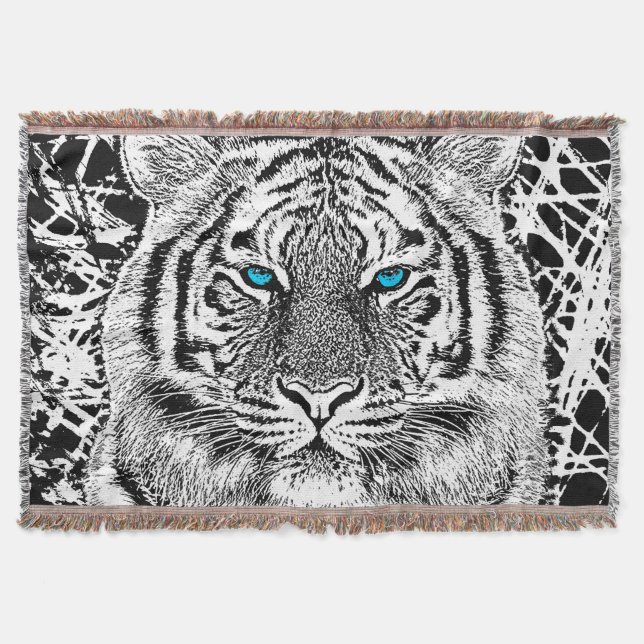 Black And White Blue Eyes Tiger design Throw Blanket (Front)