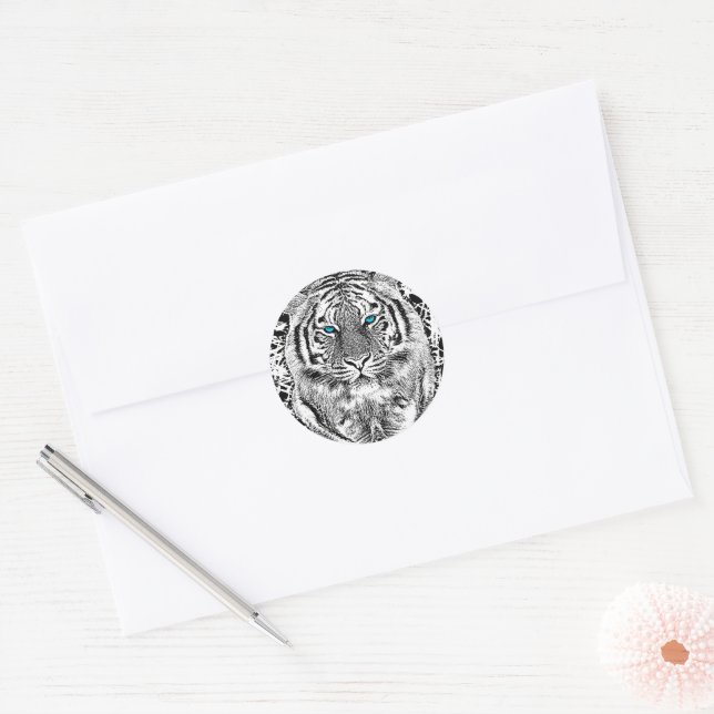 Black And White Blue Eyes Tiger Graphic Classic Round Sticker (Envelope)