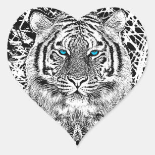 Black And White Blue Eyes Tiger Graphic Heart Sticker