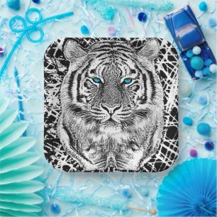 Black And White Blue Eyes Tiger Graphic Paper Plate