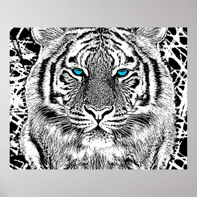Black And White Blue Eyes Tiger Graphic Poster (Front)