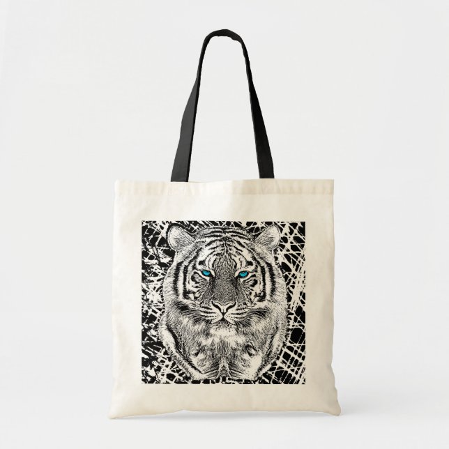 Black And White Blue Eyes wild Tiger face Tote Bag (Front)