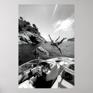 Black and White Boat Jump Photo, Summer Ocean Wall Poster