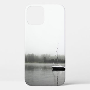 BLACK AND WHITE BOAT ON LAKE iPhone 12 CASE
