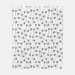 Black and white bohemian dandelions pattern fleece blanket
