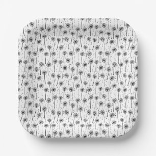 Black and white bohemian dandelions pattern paper plate