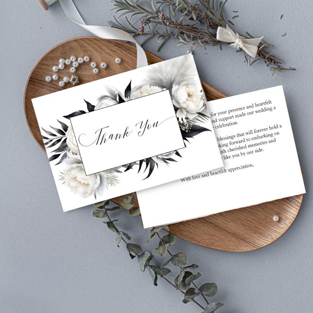 Black and white boho elegant wedding thank you card (Black and white boho flowers pampas grass elegant wedding thank you card)