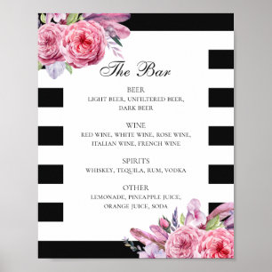 Black and white boho flower & feathers wedding bar poster