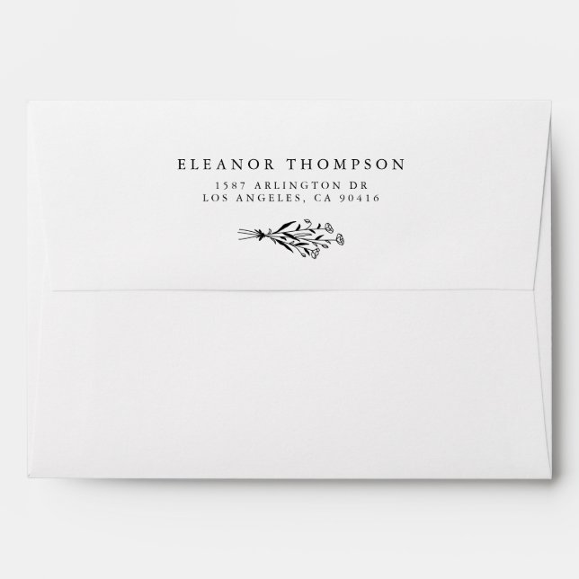 Black and White Boho Minimalist Botanicals Wedding Envelope (Back (Top Flap))