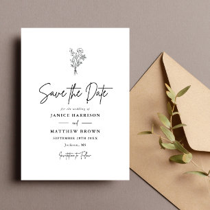 Black and White Boho Minimalist Botanicals Wedding Save The Date