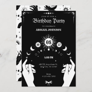 Black and white Boho Moon mystical hand birthday Invitation