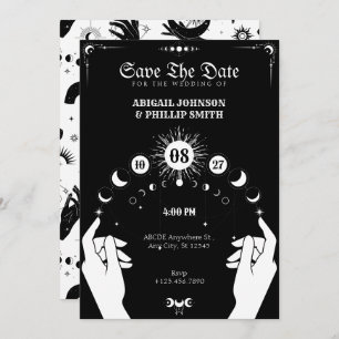 Black and white Boho Moon mystical hand wedding Invitation