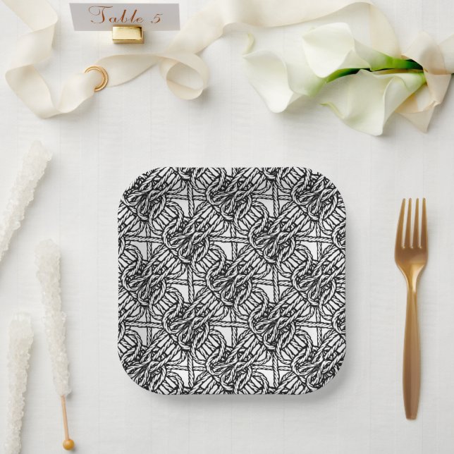 Black and white boho style knotted rope pattern paper plate (Wedding)