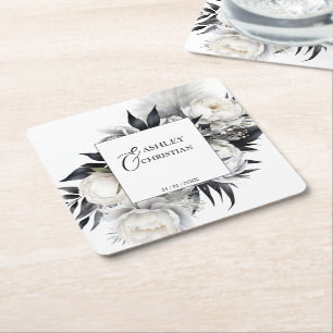 Black and white boho wedding tableware template square paper coaster